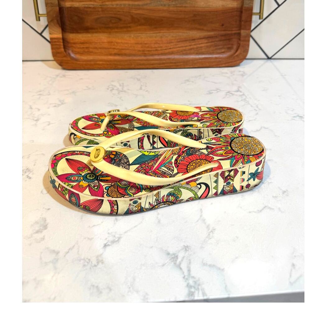 The Sak Peace Platform flip-flops colorful owl sunflower motif size 10 bohemian